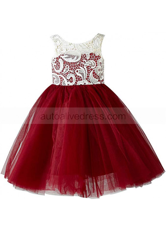 Ivory Lace Burgundy Tulle Knee Length Flower Girl Dress